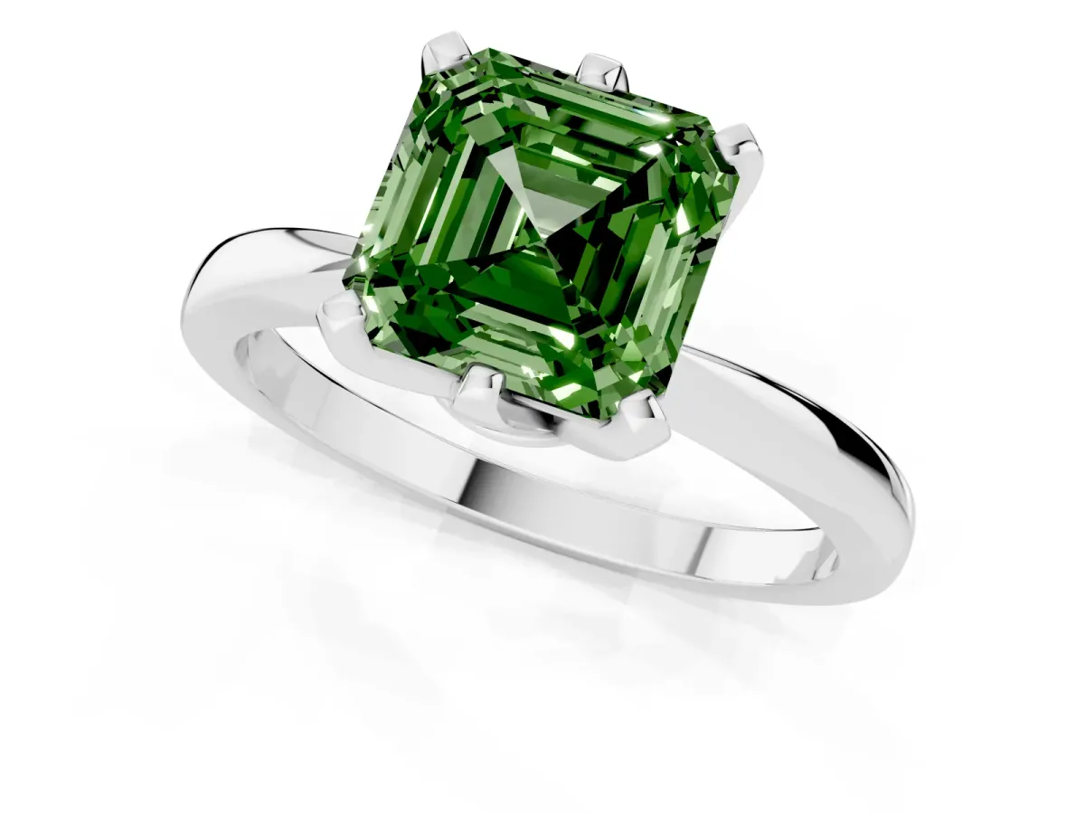 Fancy Green Asscher Cut Solitaire Engagement Ring with Six-Prong Setting and Tapered Band Platinum