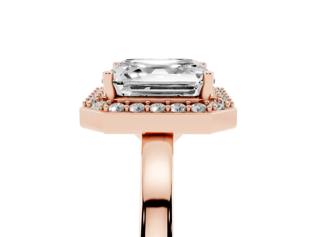 Asscher Cut Halo Diamond Ring with Solitaire Band and Prong Setting Rose gold