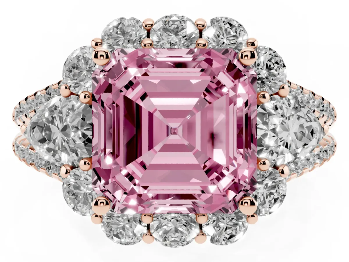 Fancy Pink Asscher Cut Halo Split Shank Diamond Engagement Ring with Prong Setting Rose gold