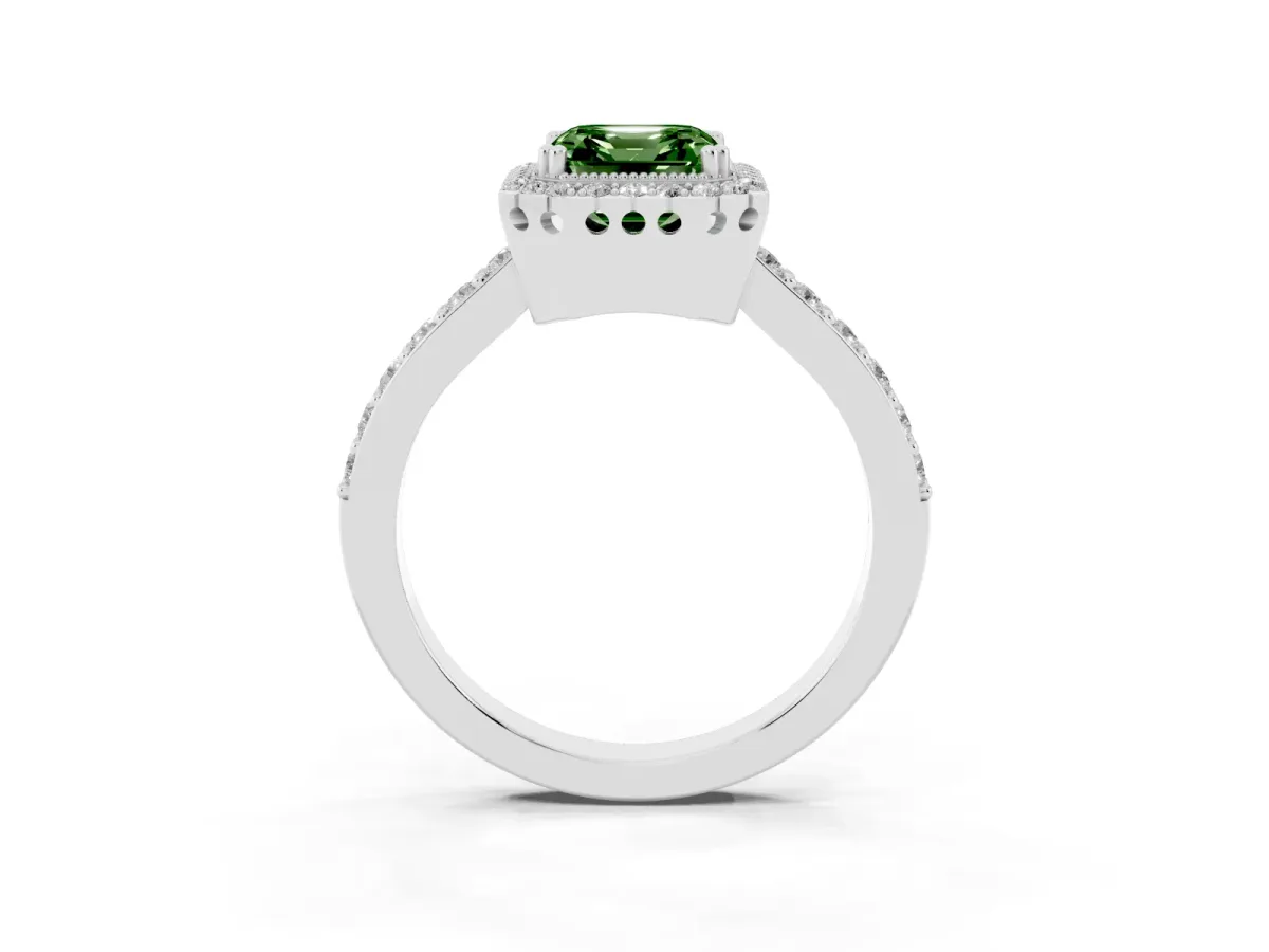 Fancy Green Asscher Cut Cut Diamond Halo Engagement Ring with Milgrain Detail and Pavé Band Platinum