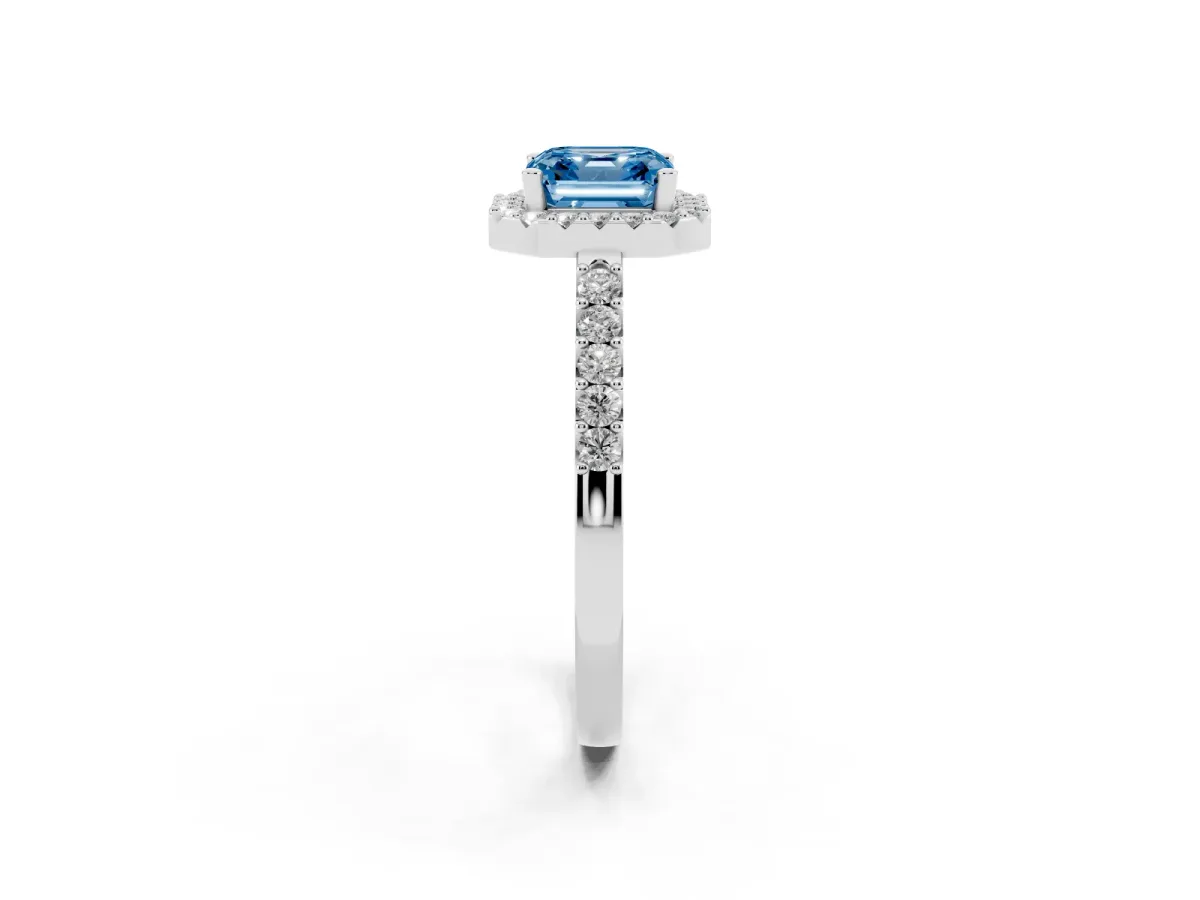 Fancy Blue Asscher Cut Halo Diamond Pavé Solitaire Ring Platinum