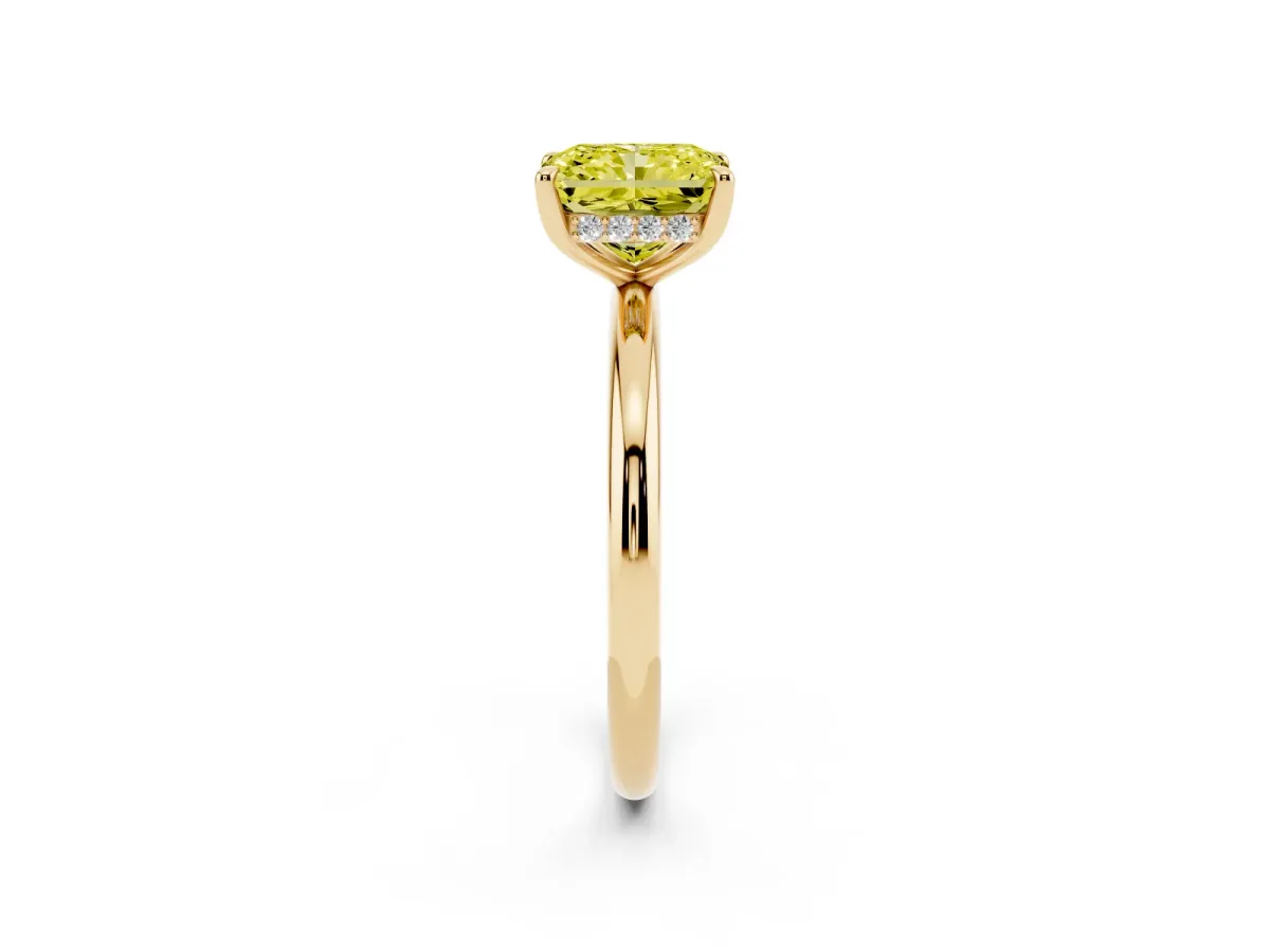 Fancy Yellow Radiant Cut Diamond Solitaire Ring with Thin Band and Four-Prong Setting Yellow gold