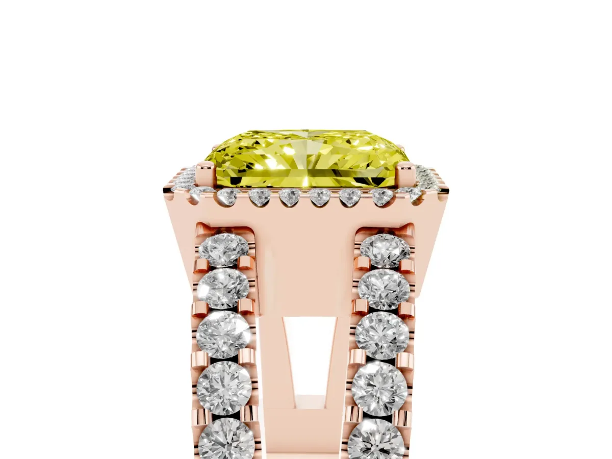 Fancy Yellow Radiant Cut Cut Halo Split Shank Diamond Ring with Four-Prong Setting Rose gold