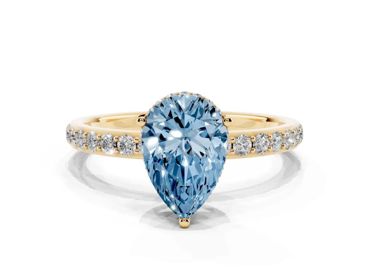 Fancy Blue Pear Cut Diamond Solitaire Ring with Pavé Band and Hidden Halo Yellow gold