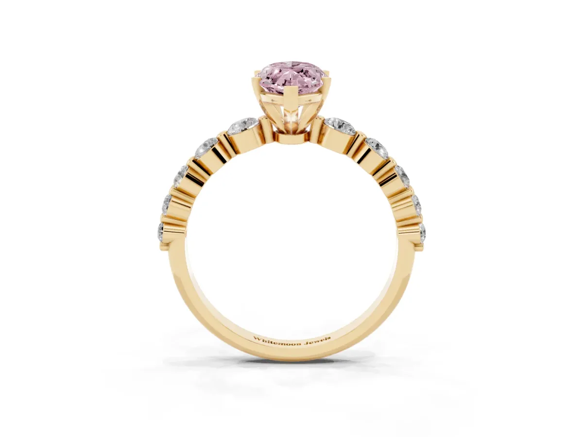 Fancy Pink Marquise Cut Solitaire Diamond Ring with Pave Band and Four-Prong Setting Yellow gold