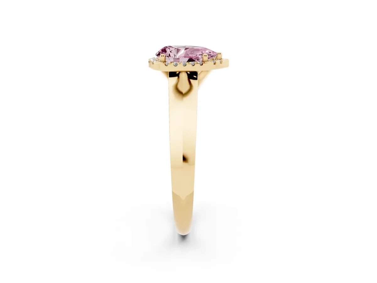 Fancy Pink Pear Cut Halo Diamond Ring with Cathedral Band and Four-Prong Setting Yellow gold