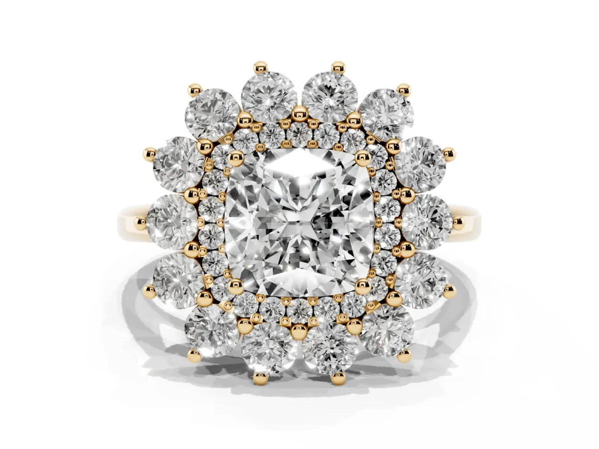 Cushion Cut Diamond Floral Double Halo Engagement Ring with Prong Setting Yellow gold