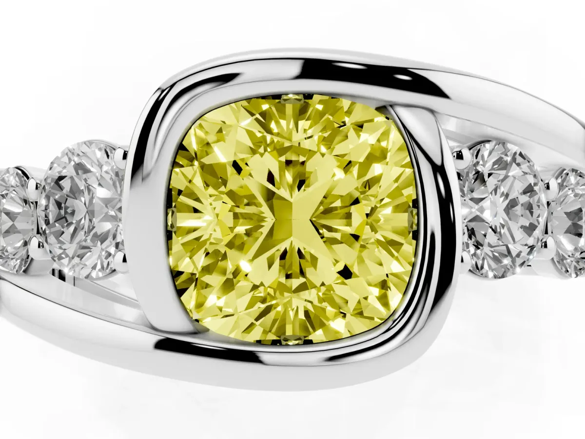 Fancy Yellow Bezel Set Cushion Cut Diamond Bypass Ring with Round Accents Silver