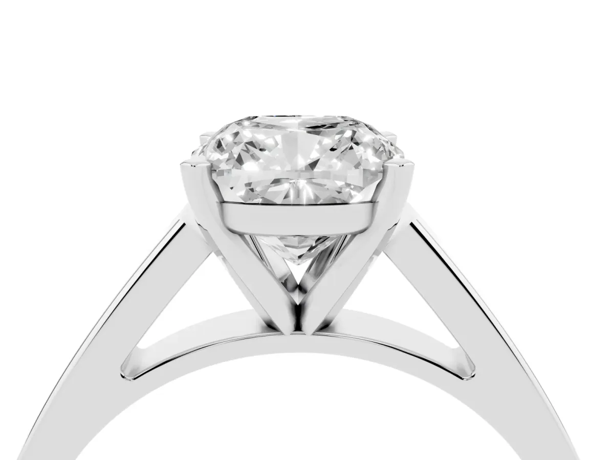Cushion Cut Solitaire Engagement Ring with Four-Prong Setting and Tapered Band Platinum