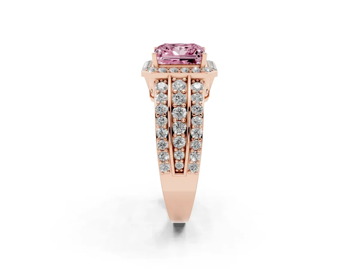Fancy Pink Princess Cut Halo Diamond Ring with Round Split Shank and Prong Setting Rose gold