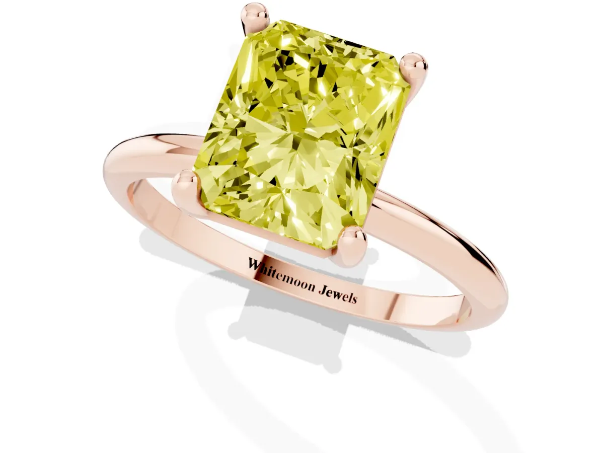 Fancy Yellow Radiant Cut Solitaire Diamond Ring with 4-Prong Setting on a Classic Band Rose gold