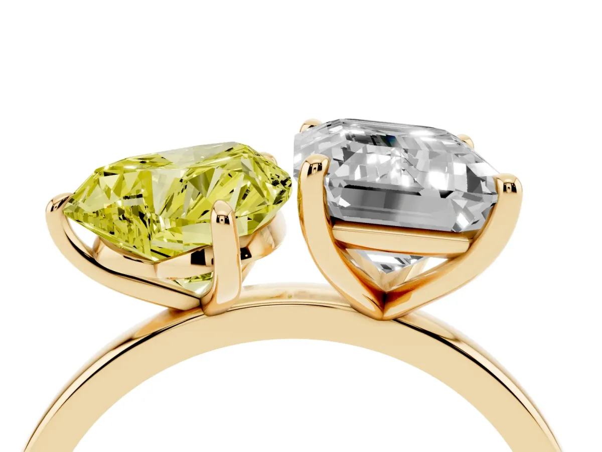 Fancy Yellow Heart Cut and Emerald Cut Toi Moi Ring with Prong Setting Yellow gold