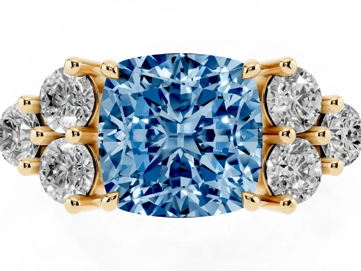 Fancy Blue Cushion Cut Brilliant Diamond Cluster Accent Solitaire Ring with Prong Setting Yellow gold