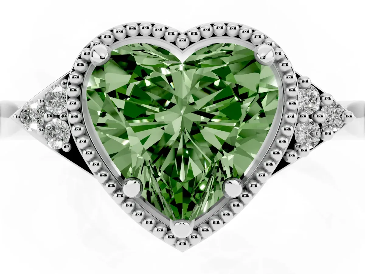 Fancy Green Hexagonal Halo Heart Cut Diamond Solitaire with Pavé Band and Four-Prong Setting Silver