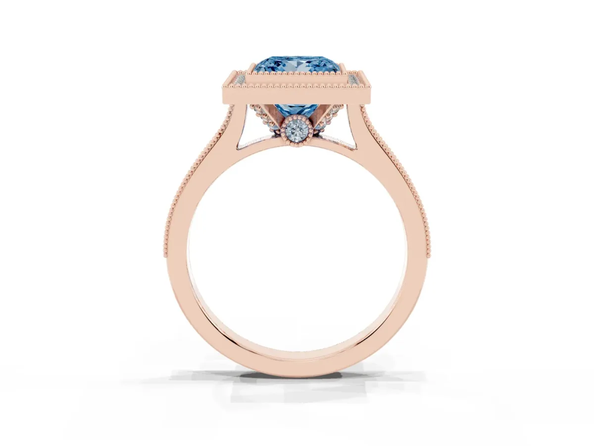 Fancy Blue Halo Princess Cut-Cut Diamond Pave Band Milgrain Prong Setting Ring Rose gold