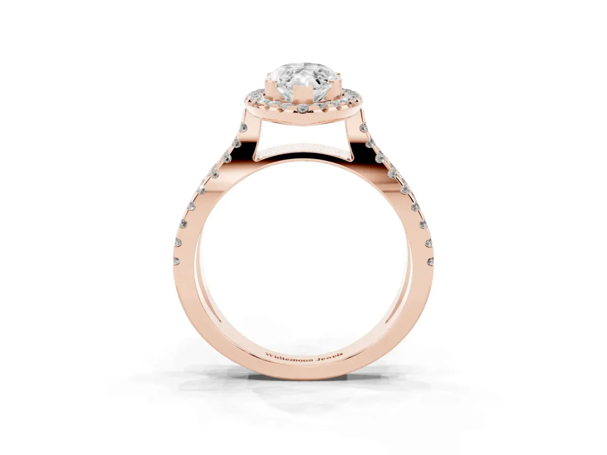 Marquise Cut Diamond Halo Ring with Split Shank Pavé Band and Prong Setting Rose gold