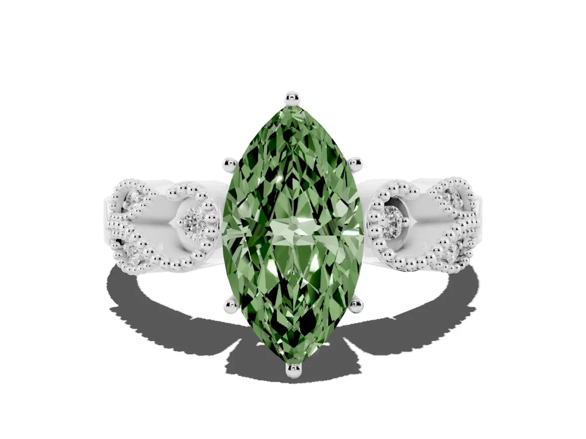Fancy Green Marquise Cut Solitaire Milgrain Leaf Band with Prong Setting Platinum