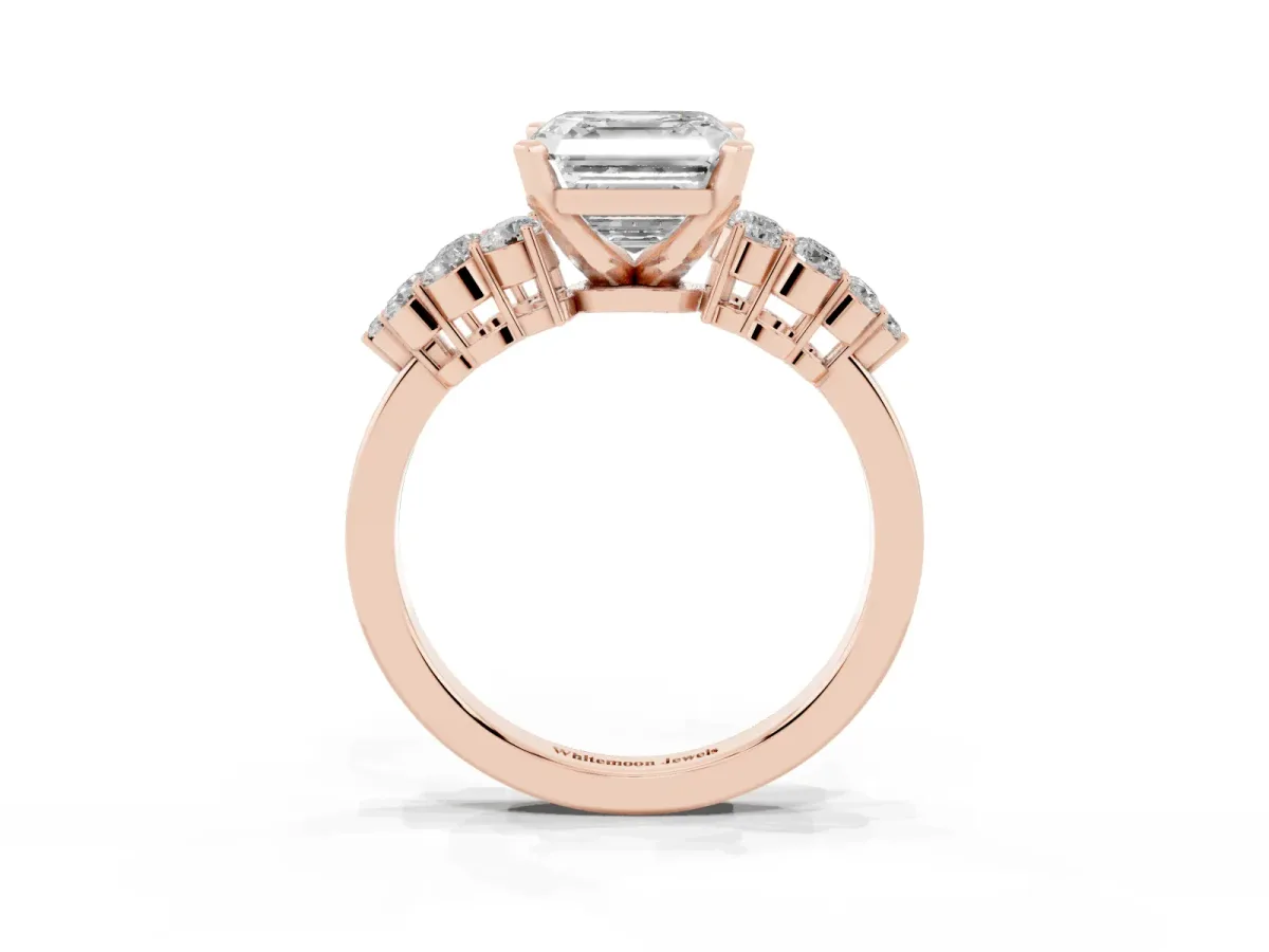 Asscher Cut Cluster Diamond Engagement Ring with Pavé Band and Four-Prong Setting Rose gold