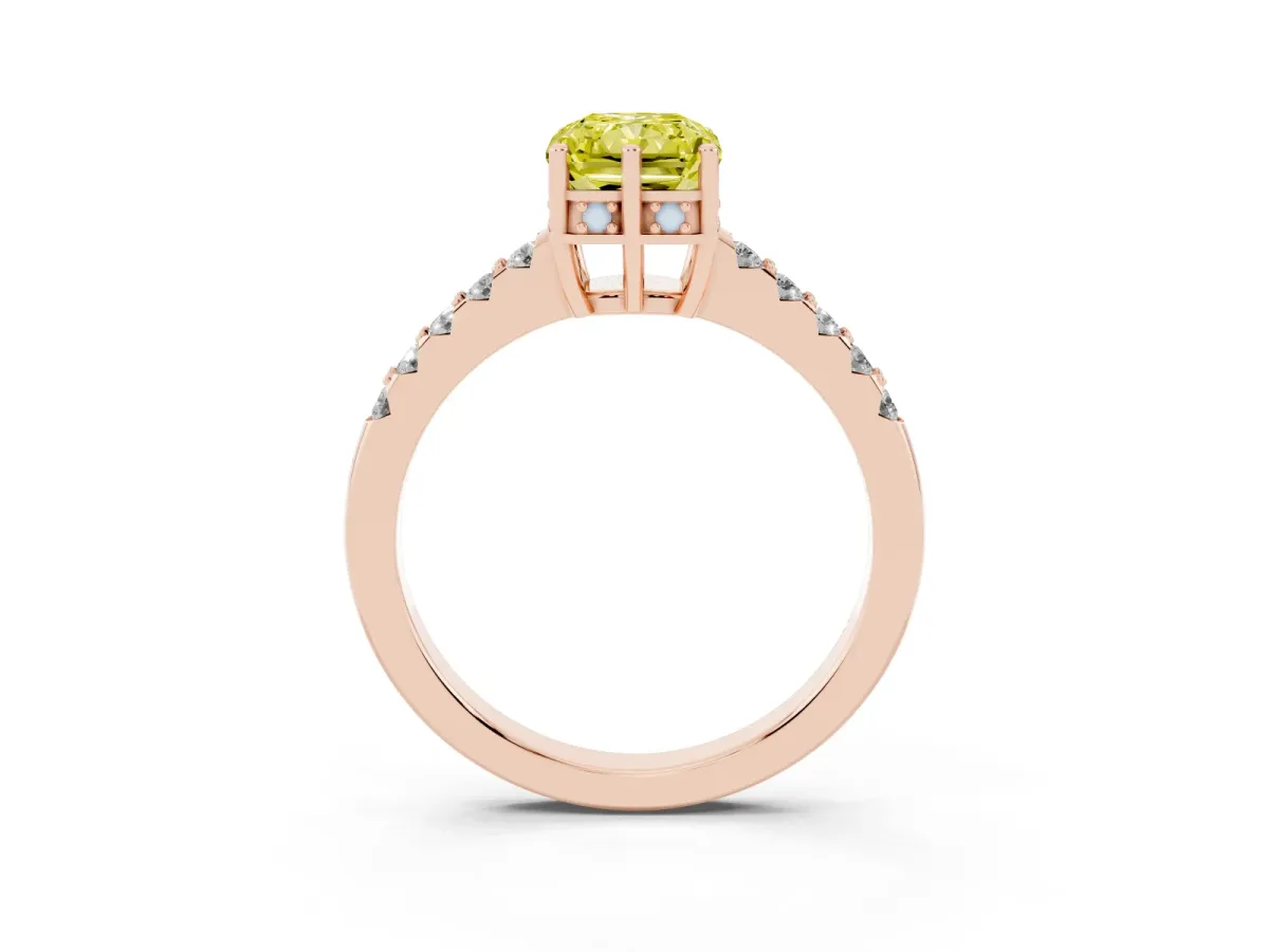 Fancy Yellow Radiant Cut Solitaire Diamond Engagement Ring with Pavé Band and Six-Prong Setting Rose gold