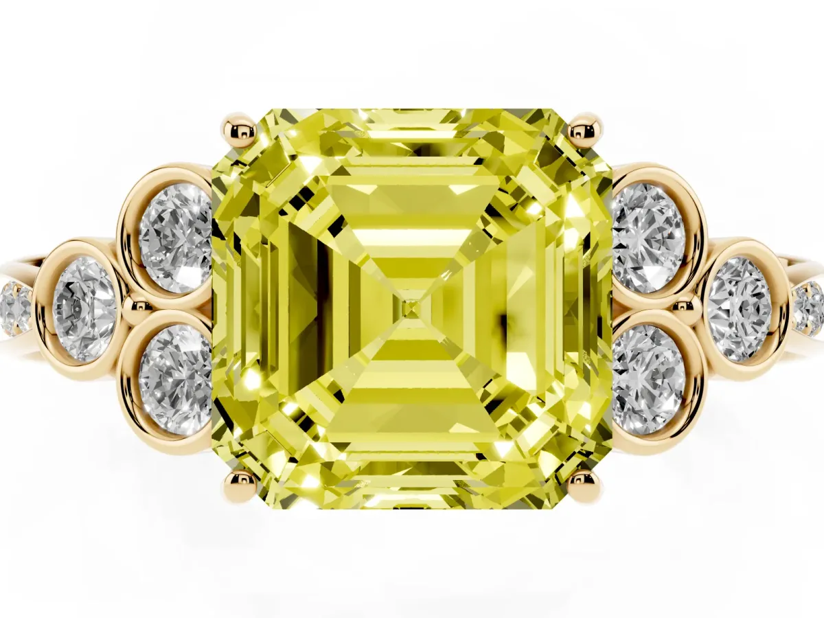 Fancy Yellow Asscher Cut Cut Diamond Engagement Ring with Bezel Set Round Side Stones and Prong Setting Yellow gold