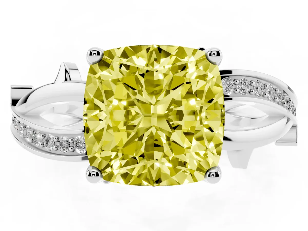Fancy Yellow Cushion Cut Solitaire Twist Band with Pavé Accents and Four-Prong Setting Platinum