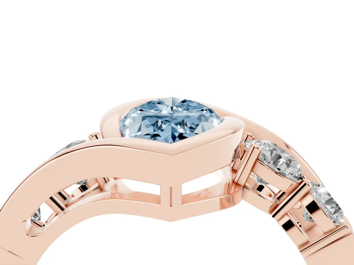 Fancy Blue Bezel Set Marquise Cut Diamond Bypass Ring with Round Accents Rose gold
