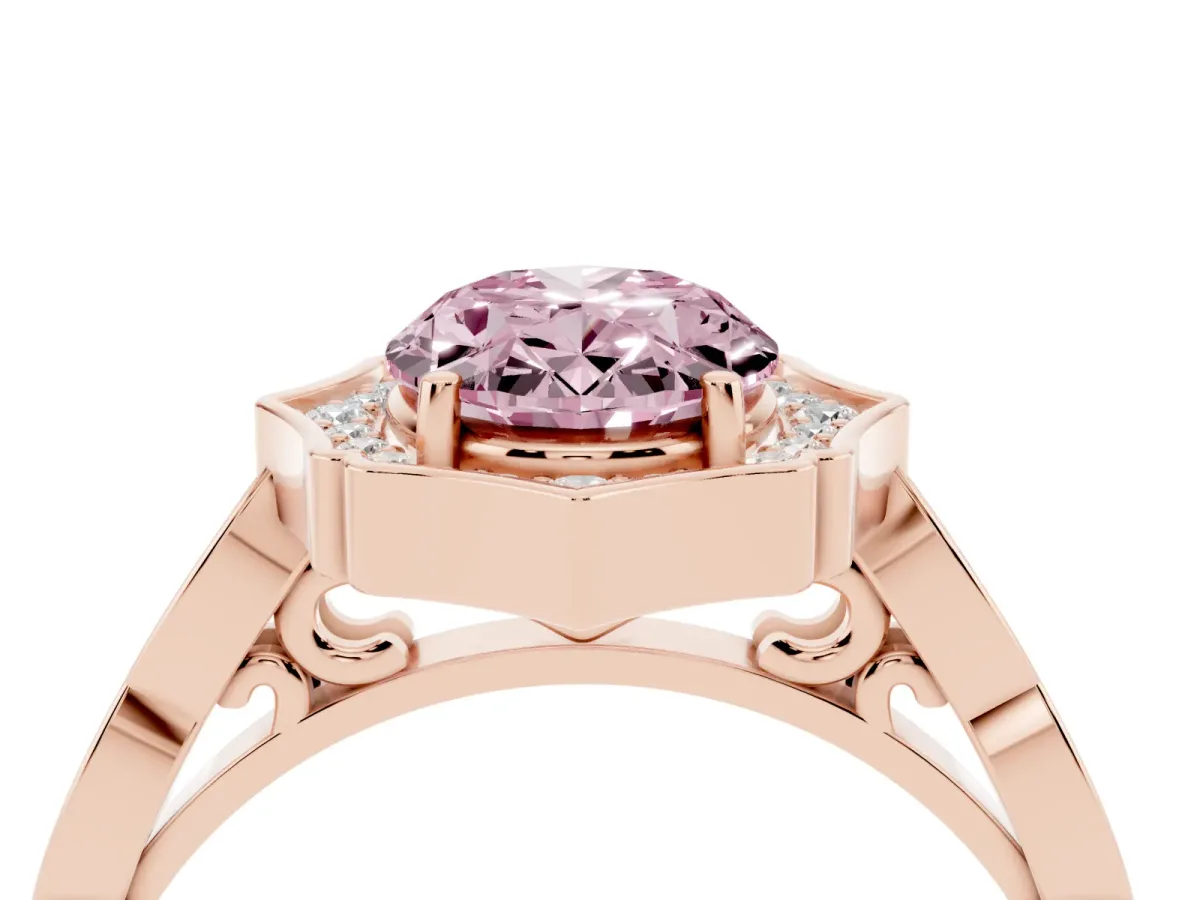 Fancy Pink Oval Cut Halo Diamond Engagement Ring with Milgrain Band and Four-Prong Setting Rose gold
