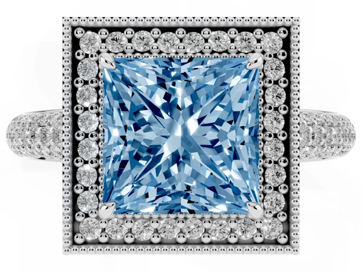 Fancy Blue Princess Cut Cut Halo Diamond Pave Band with Four-Prong Setting Silver