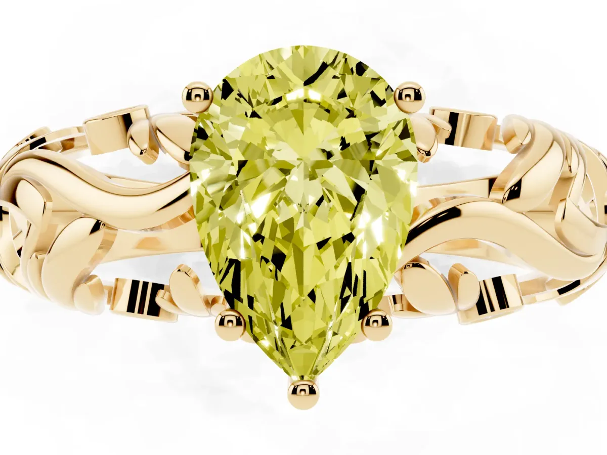 Fancy Yellow Pear Cut Solitaire Diamond Leaf-Inspired Vine Band Ring with Prong Setting Yellow gold