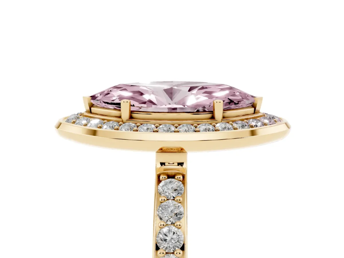 Fancy Pink Marquise Cut Diamond Halo Ring with Bezel Frame and Pavé Band Yellow gold