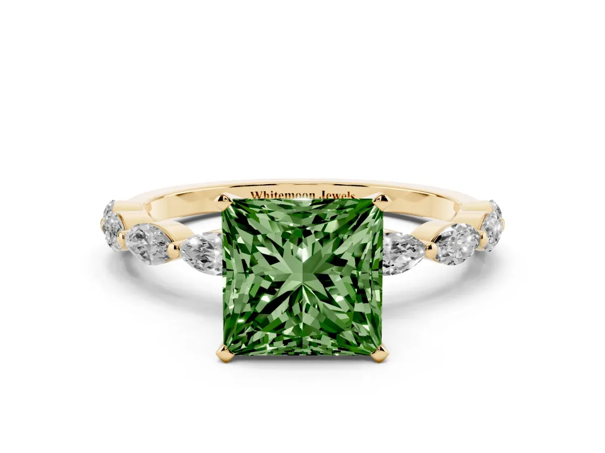 Fancy Green Princess Cut Diamond Ring with Marquise Side Stones and Prong Setting Yellow gold