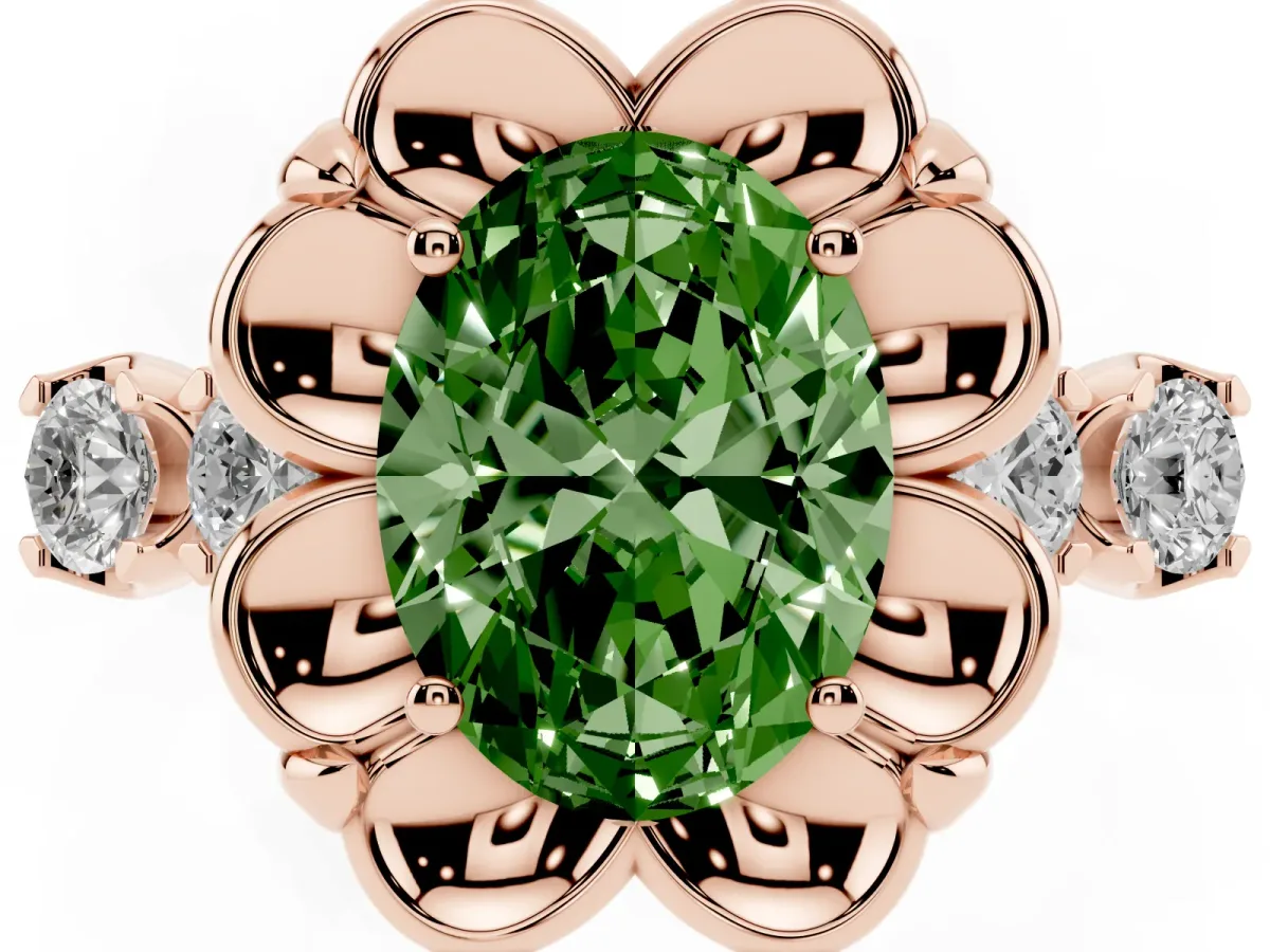 Fancy Green Oval Cut Cut Diamond Floral Halo Engagement Ring with Shared Prong Setting Rose gold