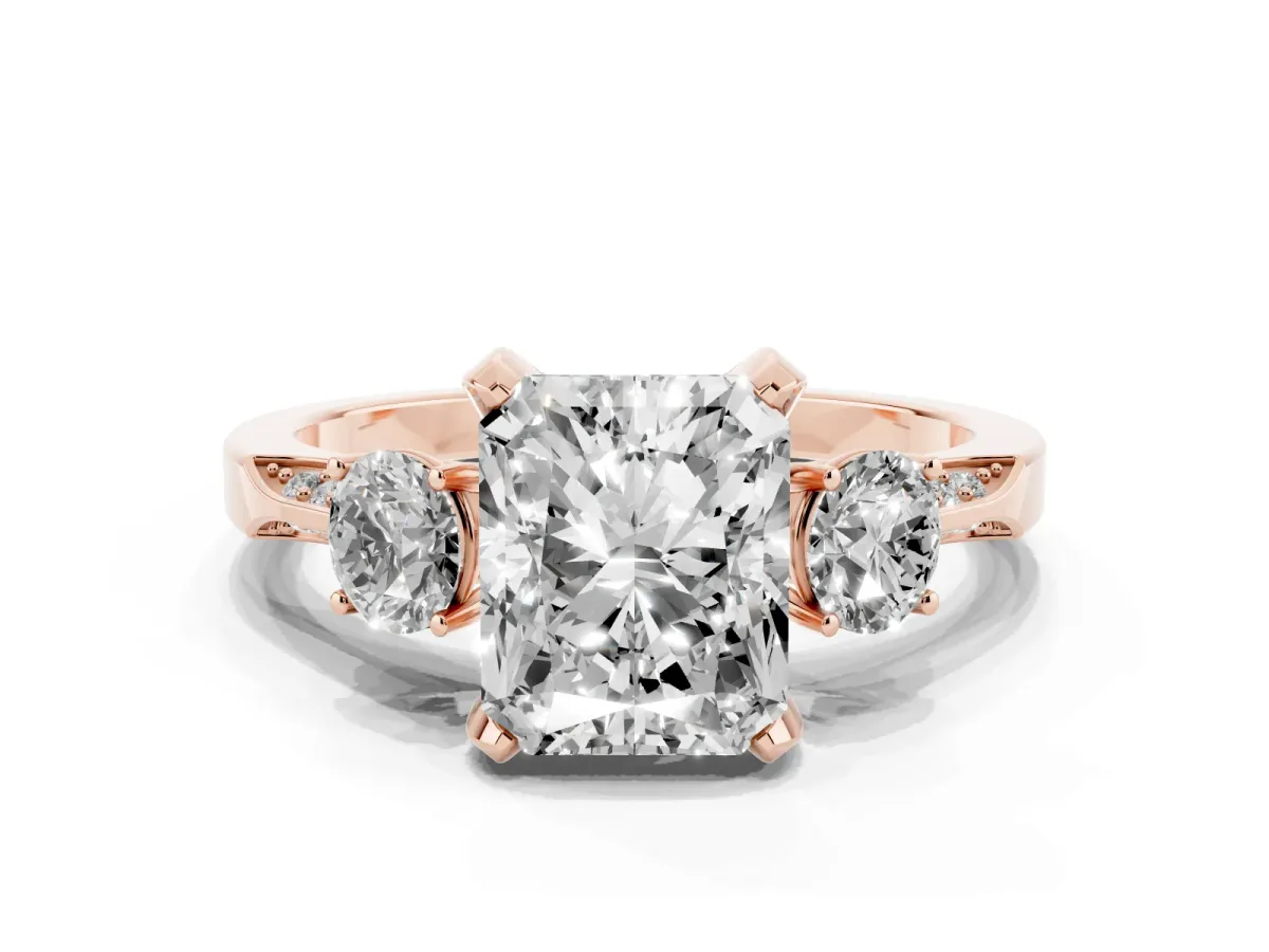 Radiant Cut Brilliant Three-Stone Diamond Ring with Pavé Band and Four-Prong Setting Rose gold