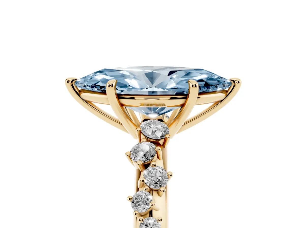 Fancy Blue Marquise Cut Diamond Cluster Side Stone Solitaire Ring with Prong Setting Yellow gold