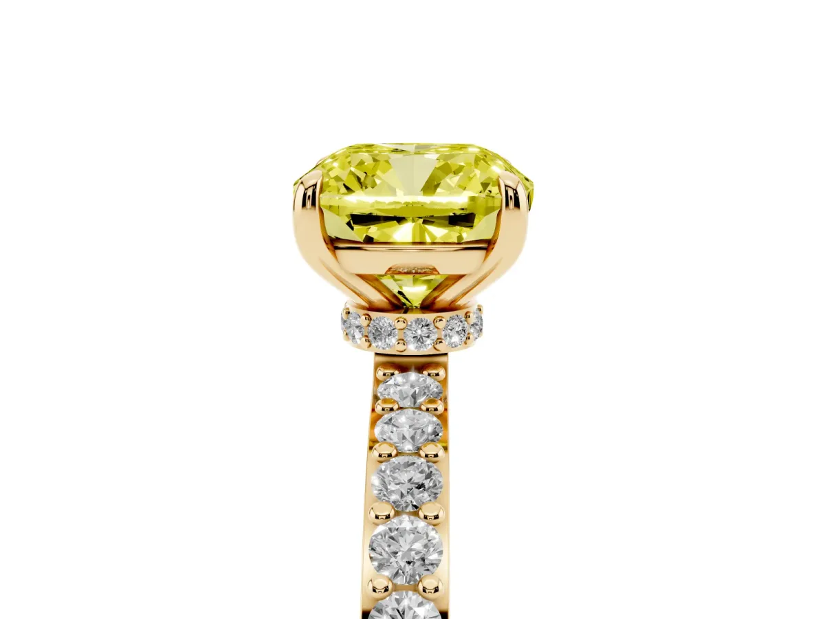 Fancy Yellow Cushion Cut Diamond Pavé Engagement Ring with Round Accents and Prong Setting Yellow gold