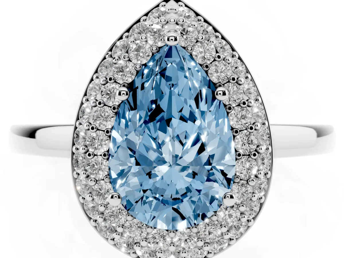 Fancy Blue Pear Cut Halo Diamond Engagement Ring with Solitaire Band and Four-Prong Setting Silver