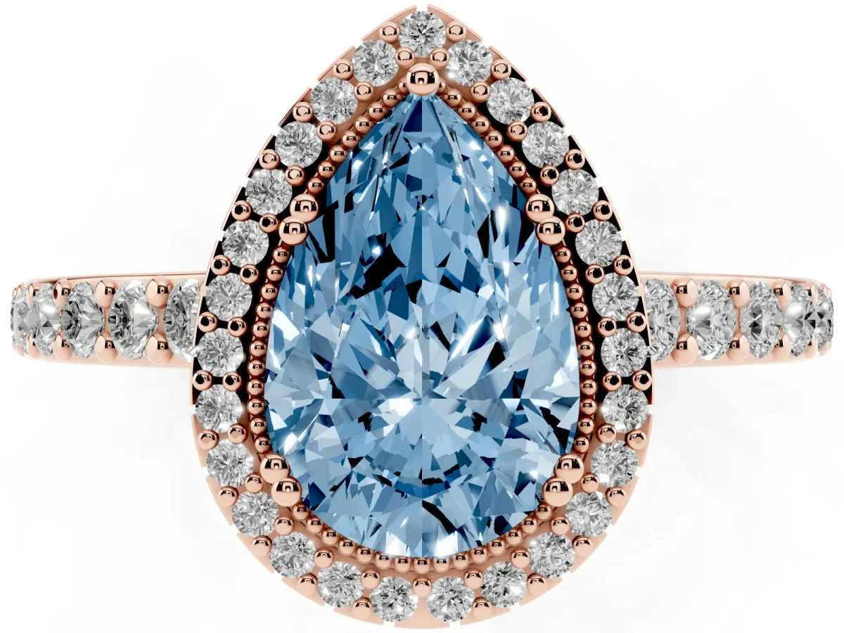 Fancy Blue Pear Cut Cut Diamond Halo Engagement Ring with Milgrain Detail and Pavé Band Rose gold