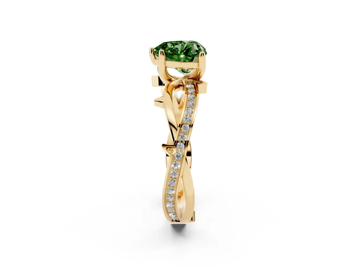 Fancy Green Heart Cut Solitaire Twist Band with Pavé Accents and Four-Prong Setting Yellow gold