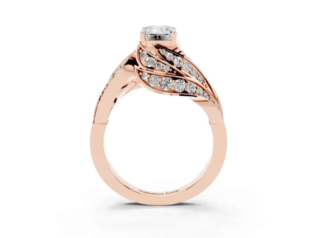 Emerald Cut Diamond Solitaire Ring with Prong Setting and Twisted Pavé Band Rose gold
