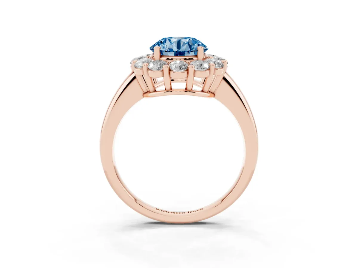Fancy Blue Round Cut Halo Cluster Diamond Engagement Ring with Prong Setting and Polished Band Rose gold