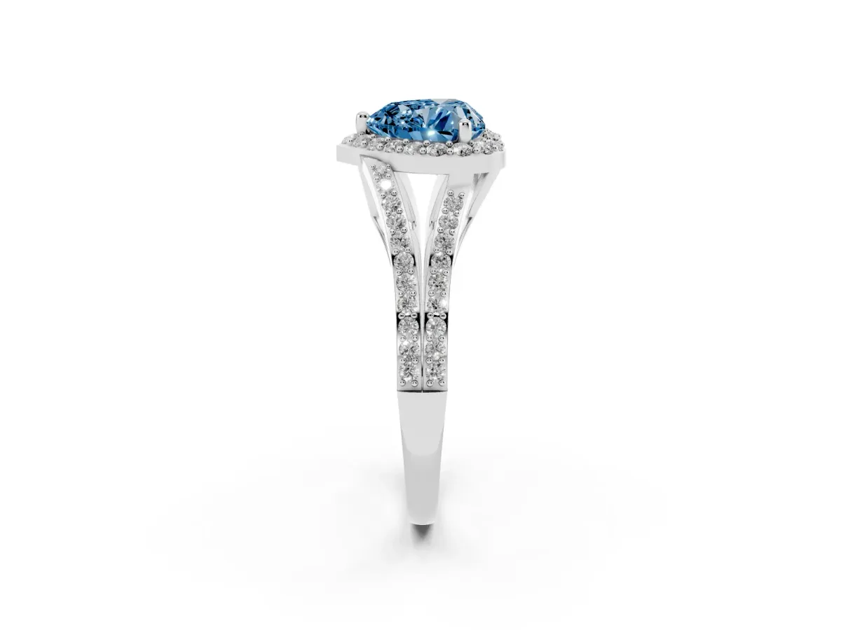 Fancy Blue Heart Cut Halo Split Shank Diamond Ring with Prong Setting Silver