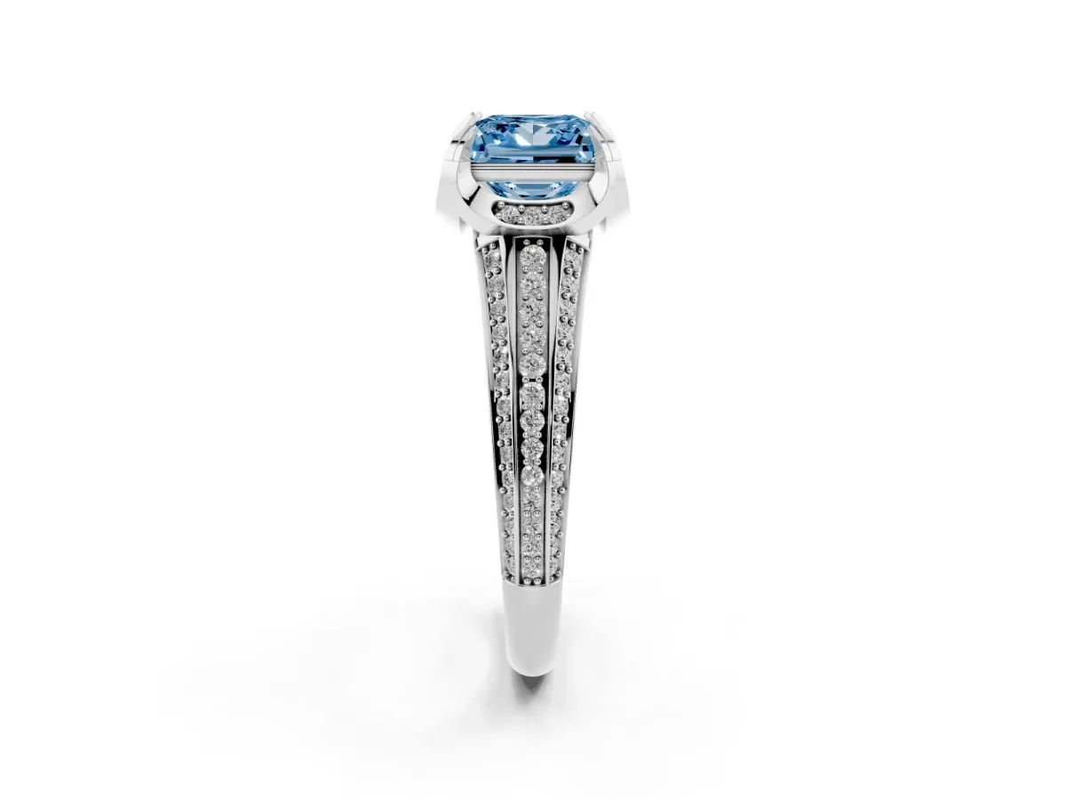 Fancy Blue Princess Cut Solitaire Pave Split Shank Ring with Four-Prong Setting White gold