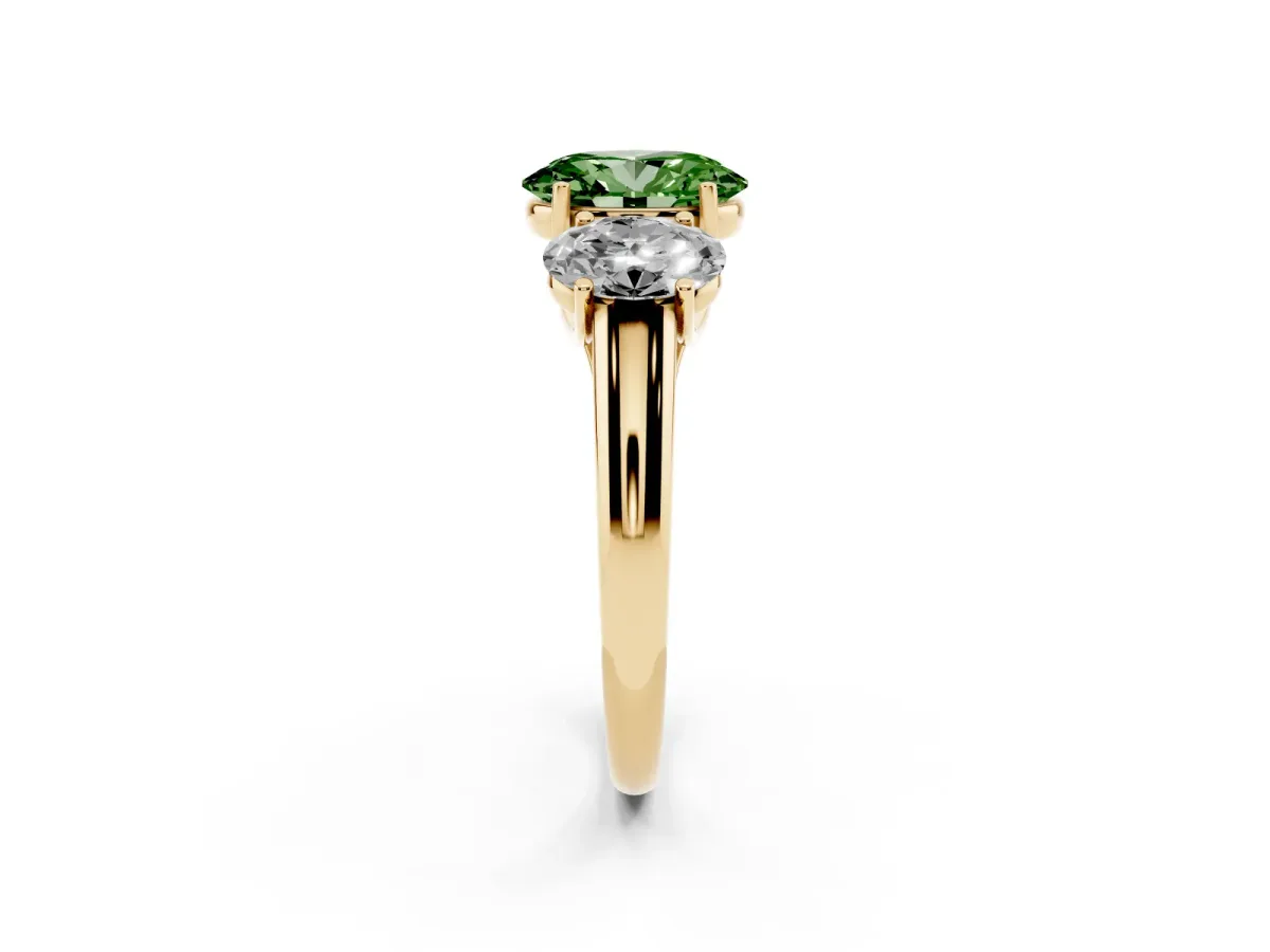 Fancy Green Three-Stone Oval Cut Diamond Engagement Ring with Prong Setting Yellow gold