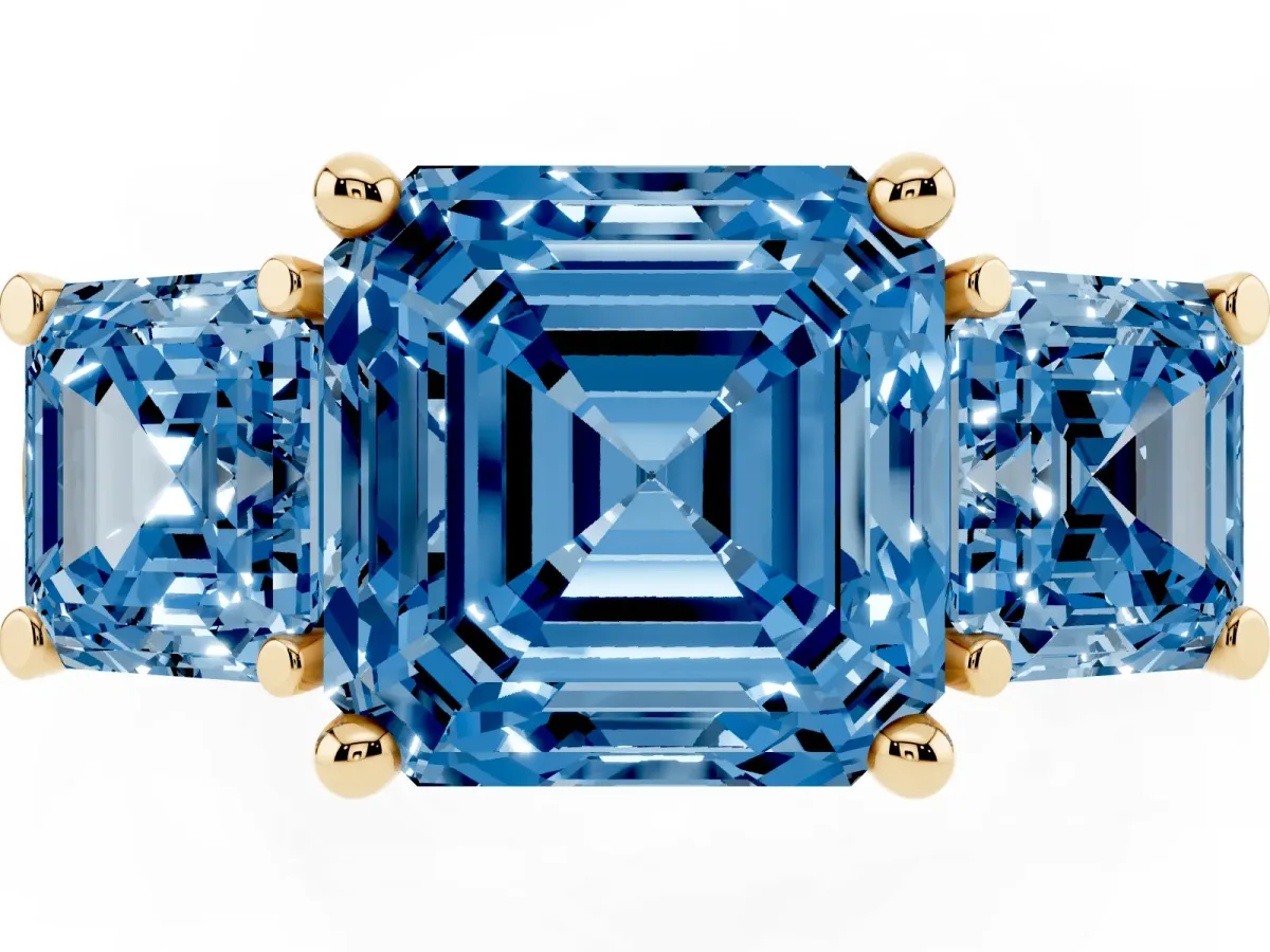 Fancy Blue Three-Stone Asscher Cut Brilliant Diamond Trellis Ring with Comfort Fit Band Yellow gold