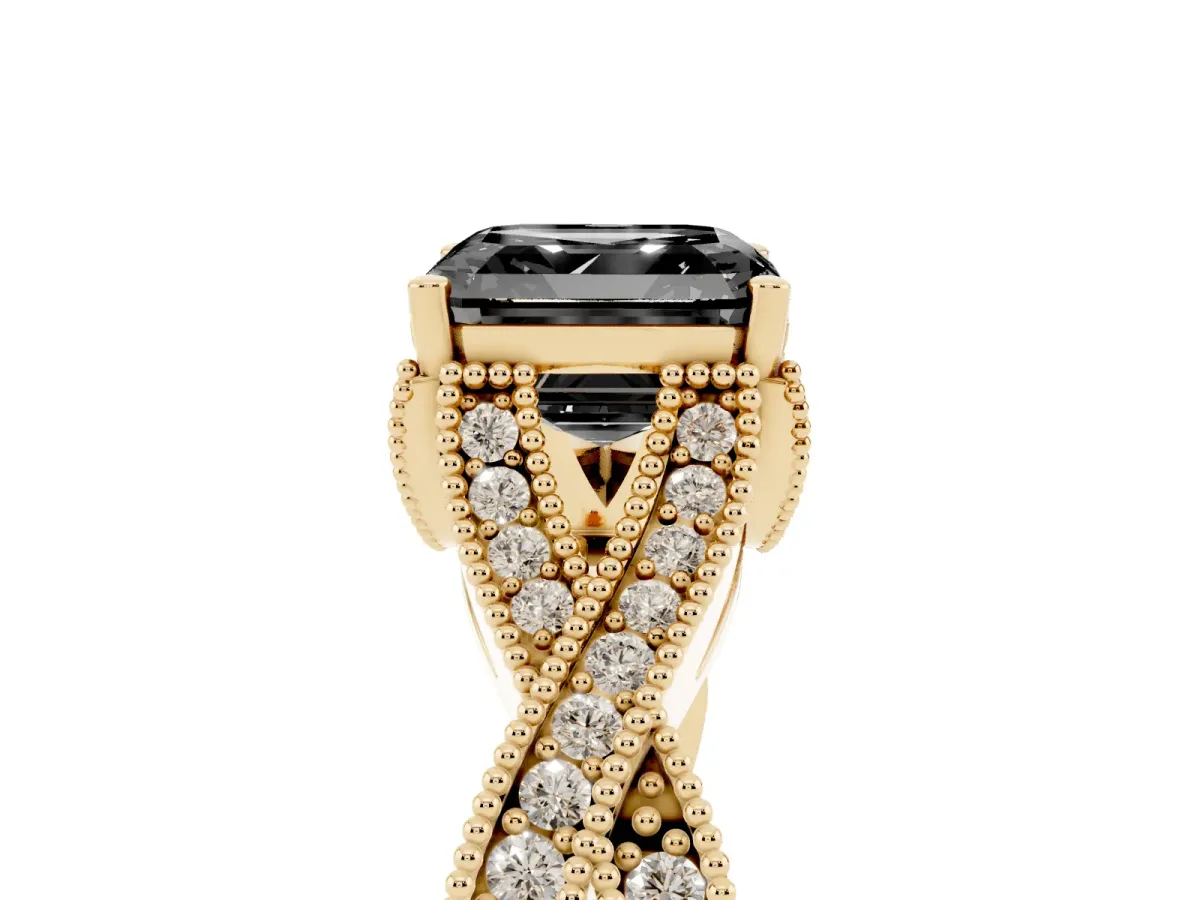 Fancy Black Asscher Cut Cut Diamond Twisted Band with Milgrain Pave Setting and Four-Prong Setting Yellow gold
