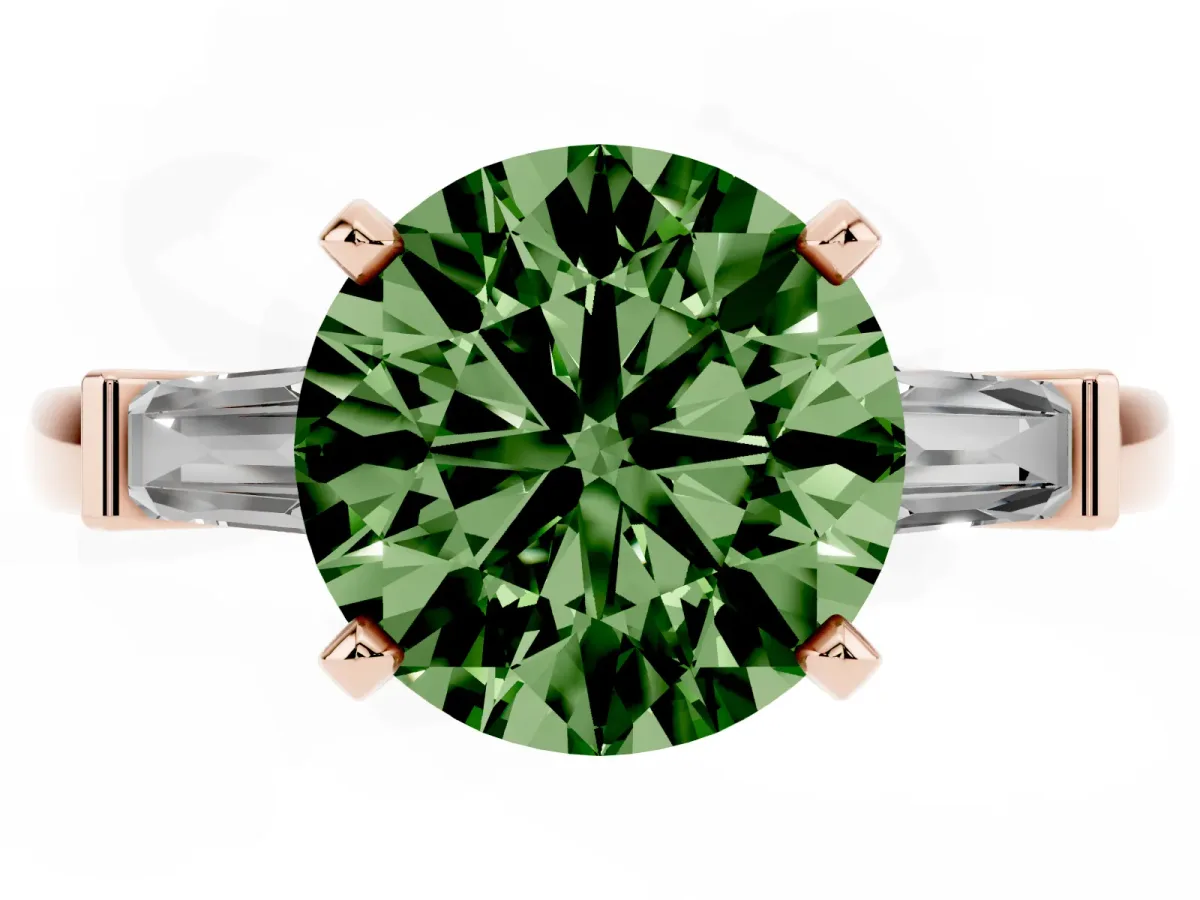 Fancy Green Round Cut Cut Diamond Solitaire Ring with Tapered Baguette Accents and Four-Prong Setting Rose gold