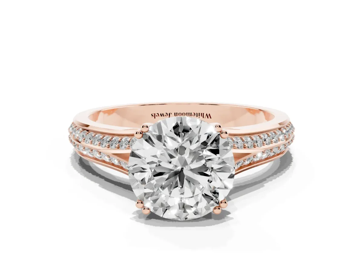 Round Cut Diamond Split Shank Engagement Ring with Pavé Band Rose gold