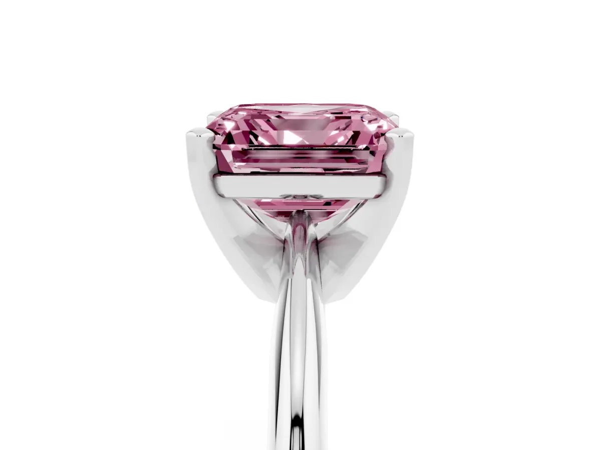 Fancy Pink Asscher Cut Cut Solitaire Ring with Four-Prong Setting on a Classic Band Silver