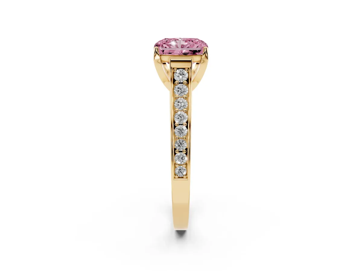 Fancy Pink Radiant Cut Brilliant Cut Diamond Engagement Ring with Pavé Band and Four-Prong Setting Yellow gold