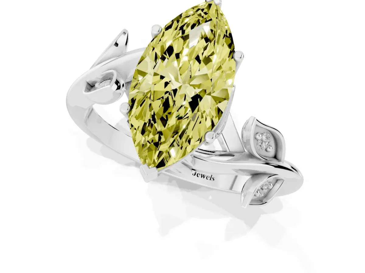 Fancy Yellow Marquise Cut Solitaire Twist Engagement Ring with Leaf Accents and Prong Setting Silver